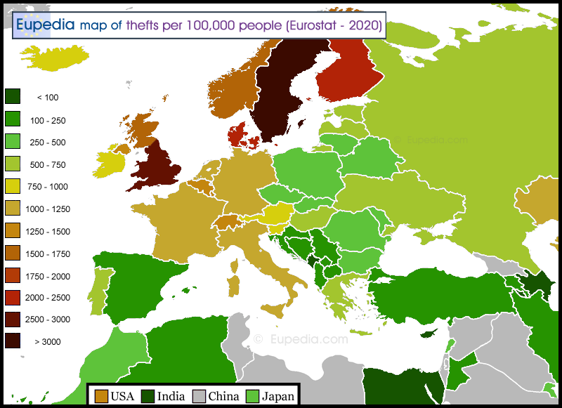 Map of thefts per 100k people in Europe - 2020